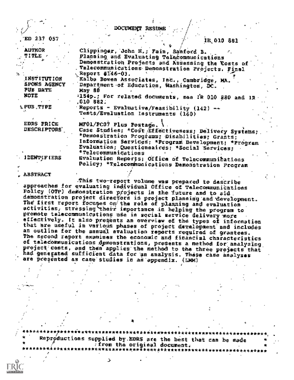 (PDF) Planning and Evaluating Telecommunications Demonstration Projects ...