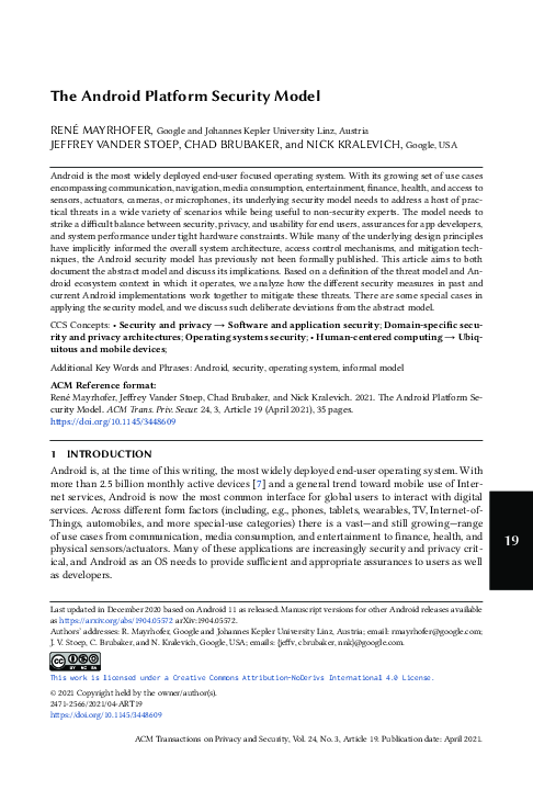 (PDF) The Android Platform Security Model