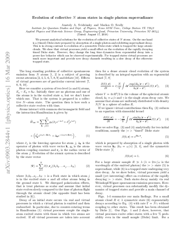 (PDF) Evolution of collective N atom states in single photon ...