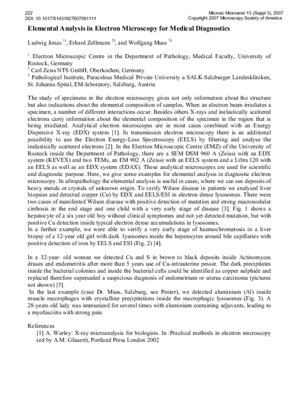 (PDF) Elemental Analysis in Electron Microscopy for Medical Diagnostics