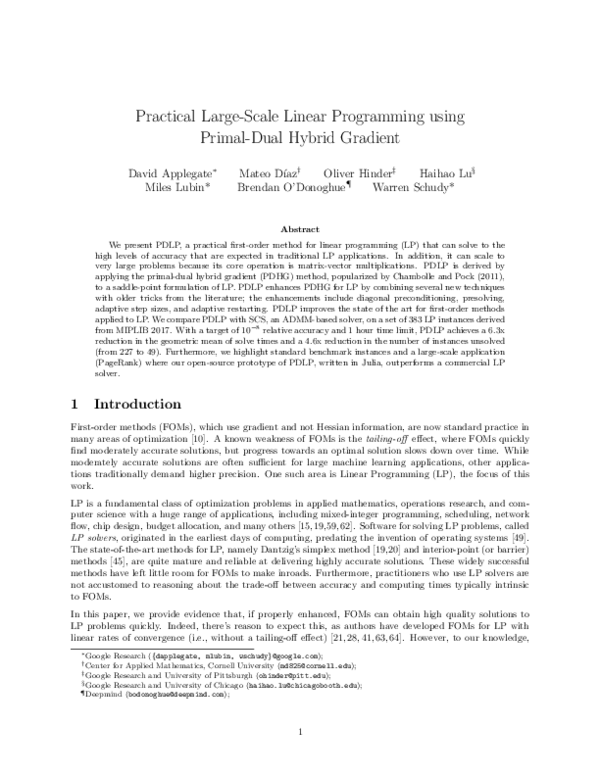 (PDF) Practical Large-Scale Linear Programming using Primal-Dual Hybrid ...