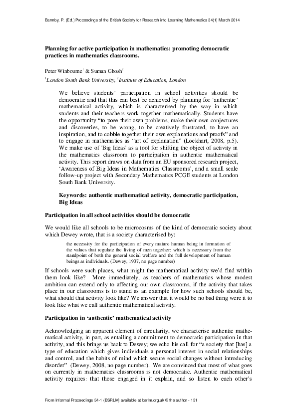 (PDF) Planning for active participation in mathematics: promoting ...