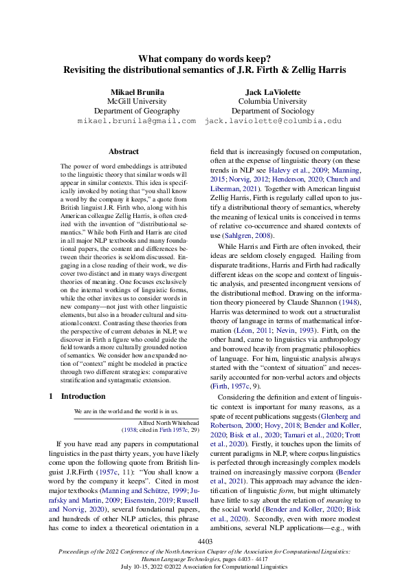 (PDF) What company do words keep? Revisiting the distributional ...