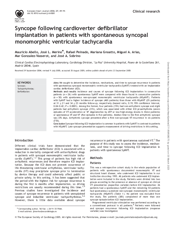 (PDF) Syncope following cardioverter defibrillator implantation in ...