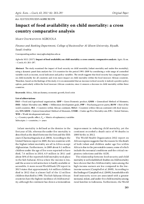 (PDF) Impact of food availability on child mortality: a cross country ...