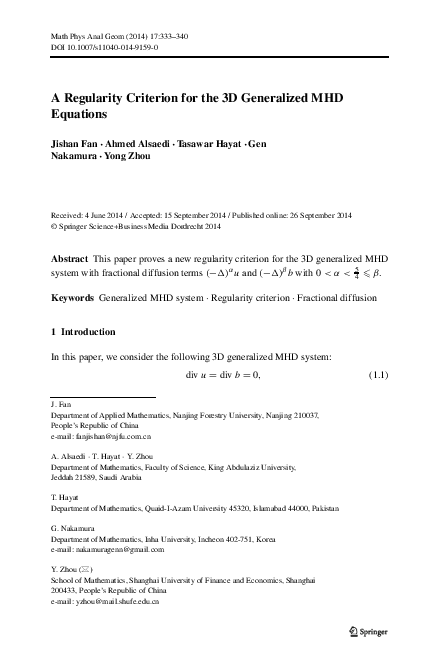 (PDF) A Regularity Criterion for the 3D Generalized MHD Equations