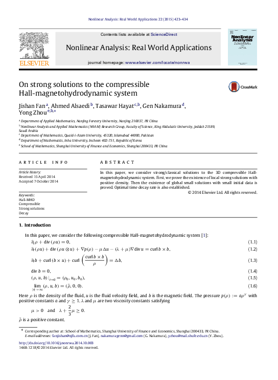 (PDF) On strong solutions to the compressible Hall-magnetohydrodynamic ...