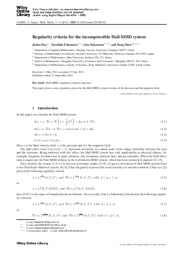 (PDF) Regularity criteria for the incompressible Hall ...