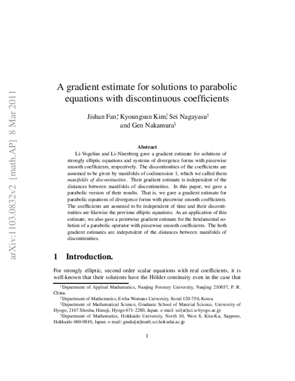 (PDF) A gradient estimate for solutions to parabolic equations with ...