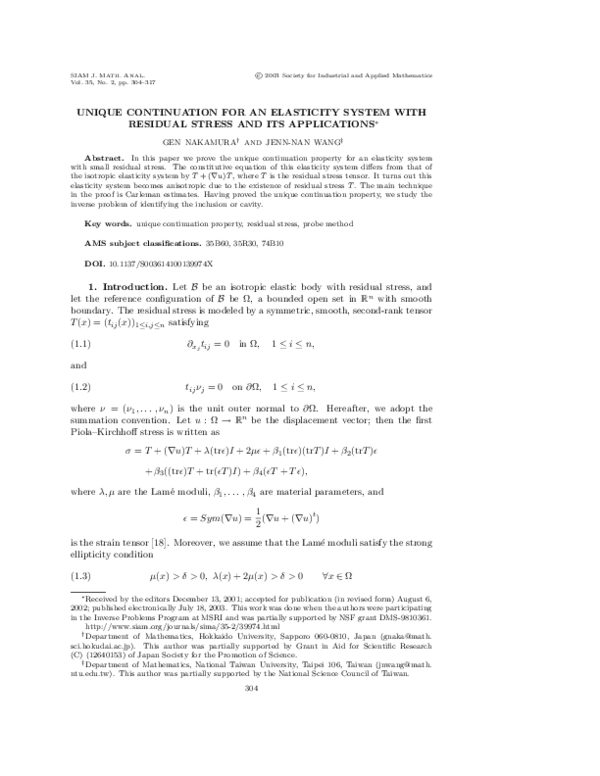 (PDF) Unique Continuation for an Elasticity System with Residual Stress ...