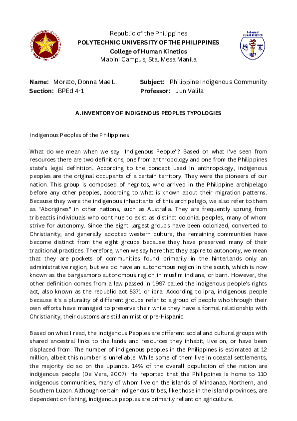 (PDF) A. INVENTORY OF INDIGENOUS PEOPLES TYPOLOGIES