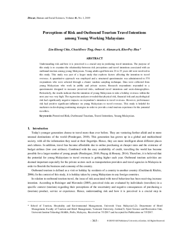 (PDF) Perceptions Of Risk And Outbound Tourism Travel Intentions Among ...