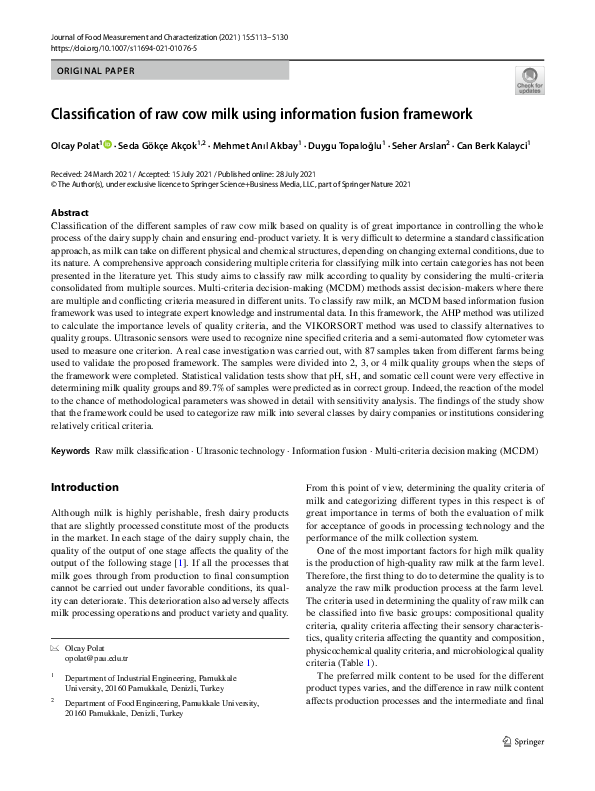 (PDF) Classification of raw cow milk using information fusion framework