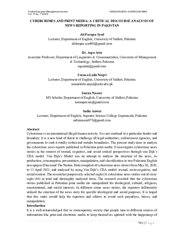 (PDF) Cybercrimes and Print Media: A Critical Discourse Analysis of ...