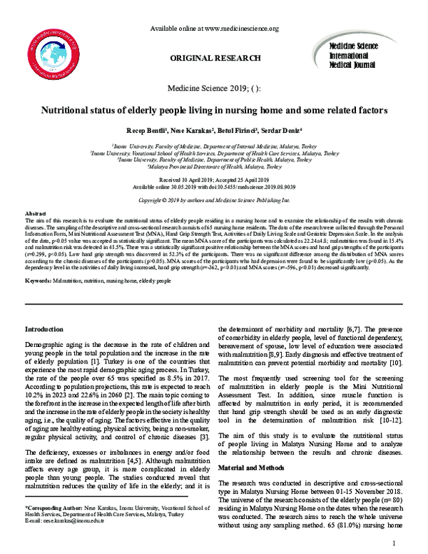 (PDF) Nutritional status of elderly people living in nursing home and ...