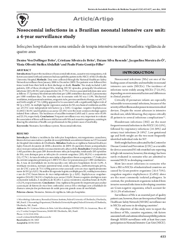 (PDF) Nosocomial infections in a Brazilian neonatal intensive care unit ...