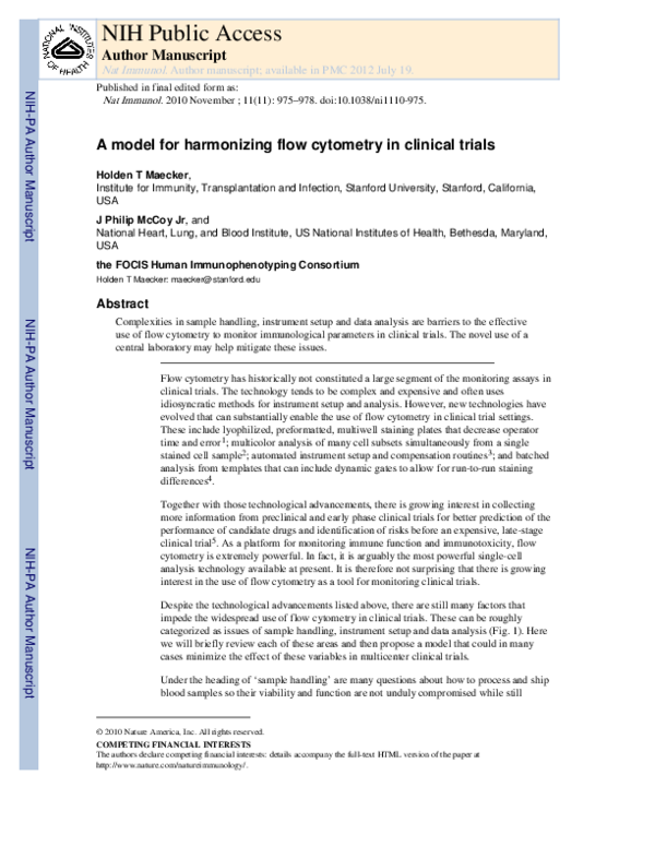 (PDF) A model for harmonizing flow cytometry in clinical trials