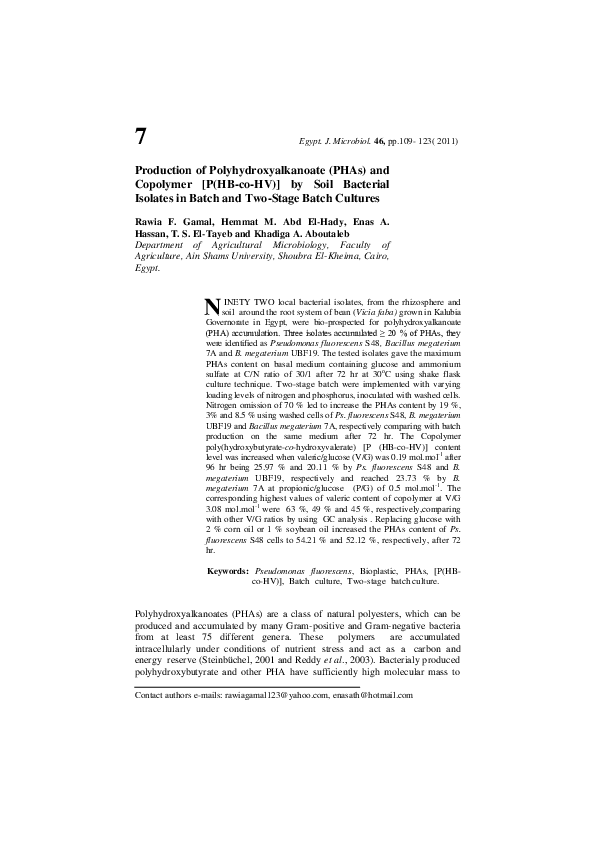 (PDF) Production of Polyhydroxyalkanoate (PHAs) and Copolymer [P(HB-co ...