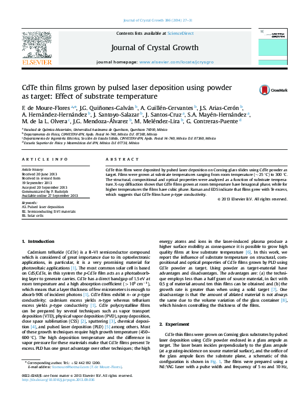 (PDF) CdTe thin films grown by pulsed laser deposition using powder as ...