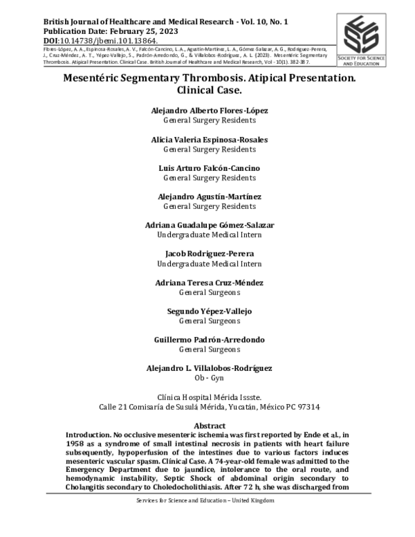 (PDF) Mesentéric Segmentary Thrombosis. Atipical Presentation. Clinical ...