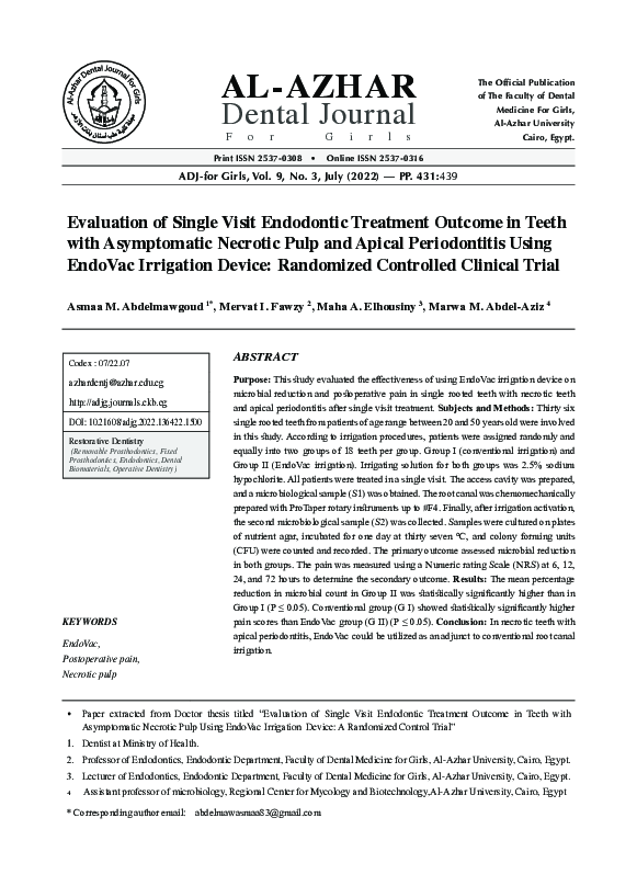 PDF) Evaluation of Single Visit Endodontic Treatment Outcome in 