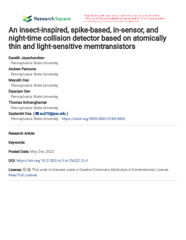 (PDF) Insect-Inspired, Spike-Based, in-Sensor, and Night-Time Collision ...