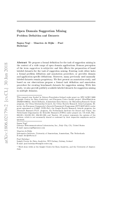 (PDF) Open Domain Suggestion Mining: Problem Definition and Datasets