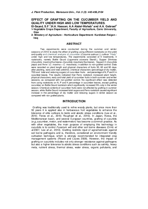 (PDF) Effect of Grafting on the Cucumber Yield and Quality Under High ...