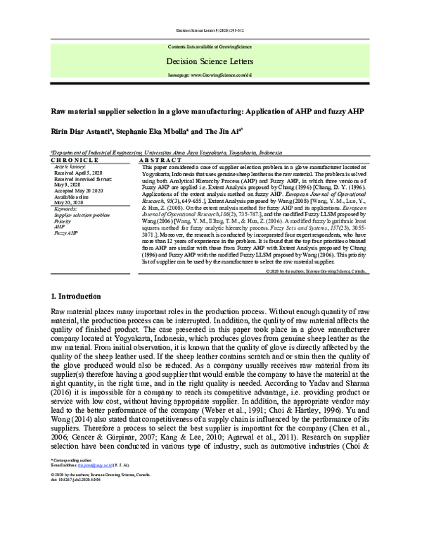 (PDF) Raw material supplier selection in a glove manufacturing ...