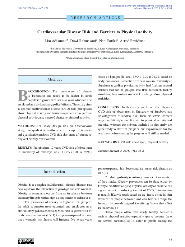 (PDF) Cardiovascular Disease Risk and Barriers to Physical Activity