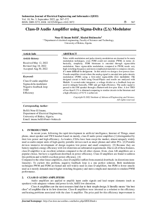 (PDF) Class-D Audio Amplifier using Sigma-Delta (ΣΔ) Modulator