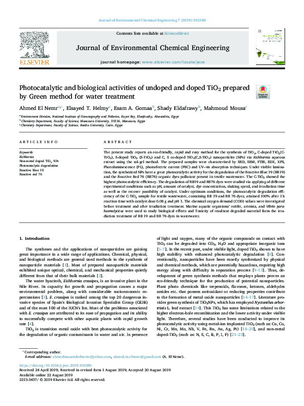 Pdf Photocatalytic And Biological Activities Of Undoped And Doped