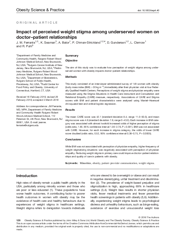 (PDF) Impact of Perceived Weight Stigma among Underserved Women on ...