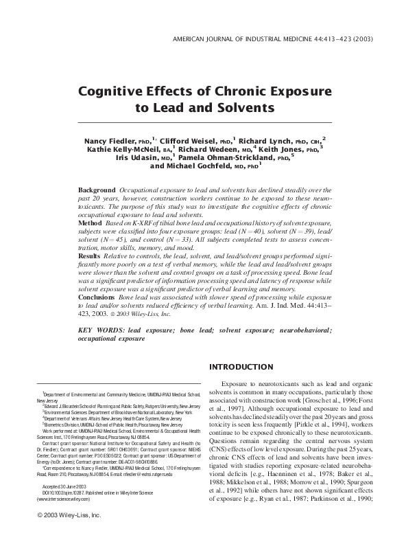 (PDF) Cognitive effects of chronic exposure to lead and solvents. Am J ...