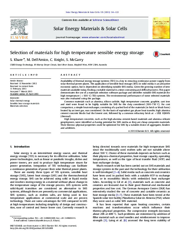 (PDF) Selection of materials for high temperature sensible energy storage