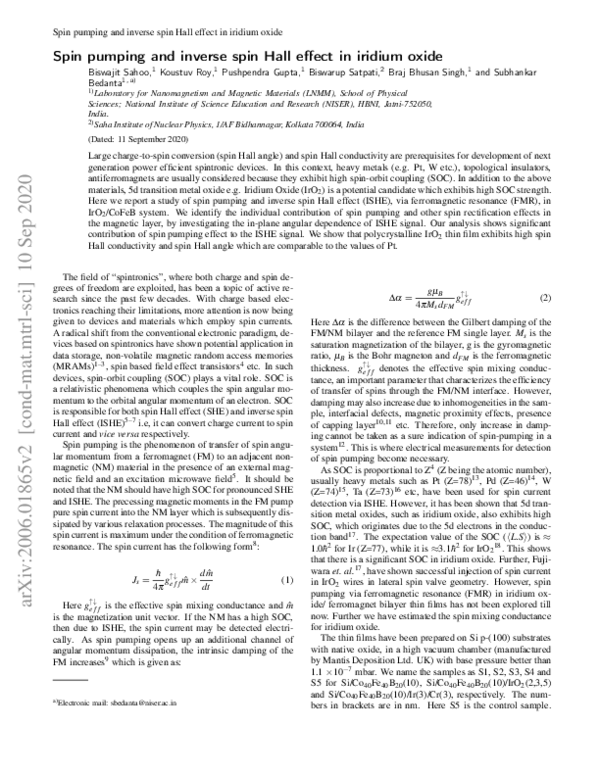 (PDF) Spin Pumping and Inverse Spin Hall Effect in Iridium Oxide
