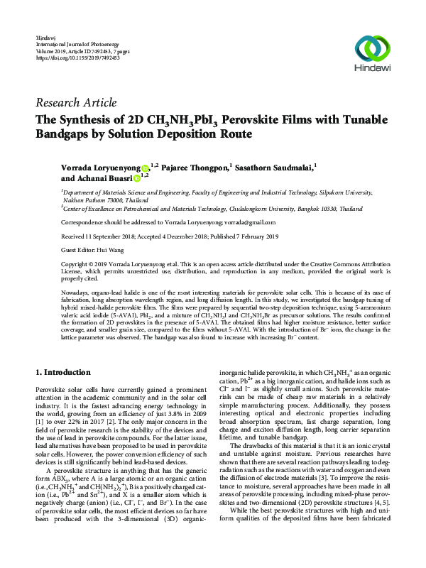 (PDF) The Synthesis of 2D CH3NH3PbI3 Perovskite Films with Tunable ...