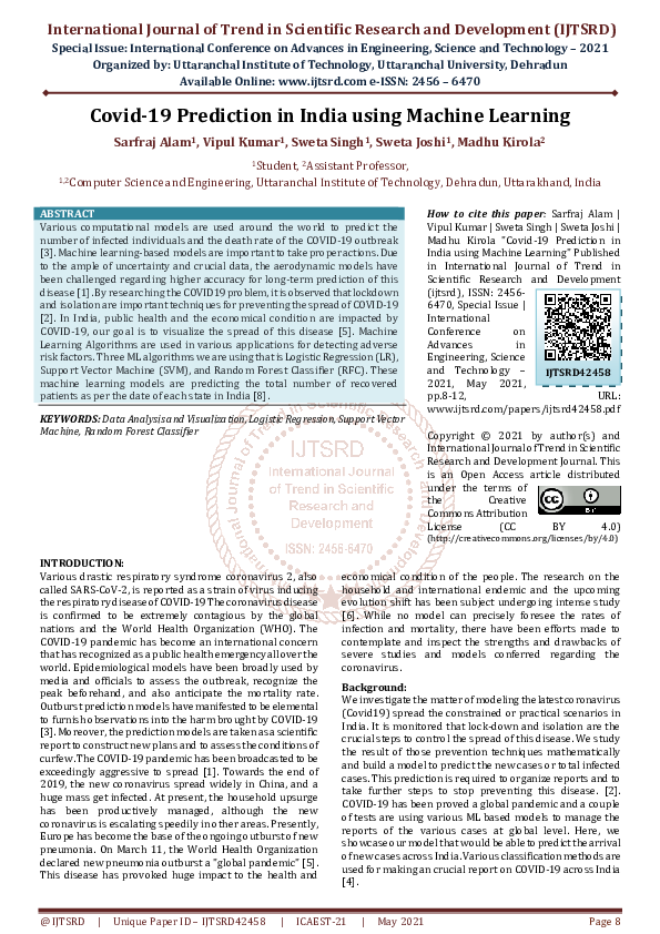 (PDF) Covid-19 Prediction in India using Machine Learning