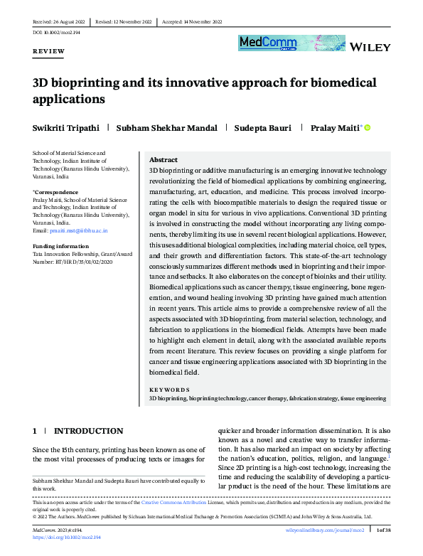 (PDF) 3D bioprinting and its innovative approach for biomedical ...