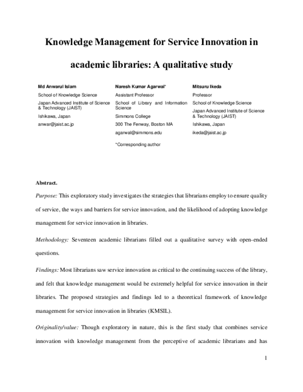 (PDF) Knowledge management for service innovation in academic libraries ...