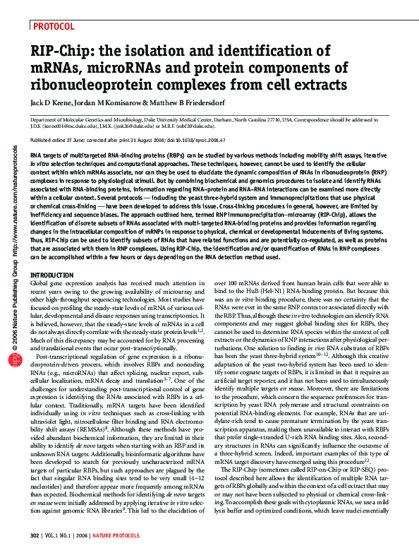 (PDF) RIP-Chip: the isolation and identification of mRNAs, microRNAs ...
