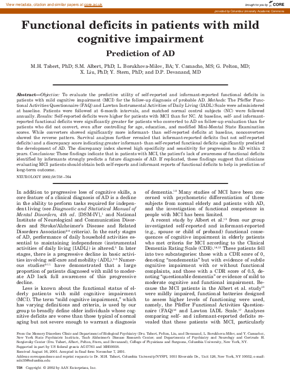 (PDF) Functional deficits in patients with mild cognitive impairment ...