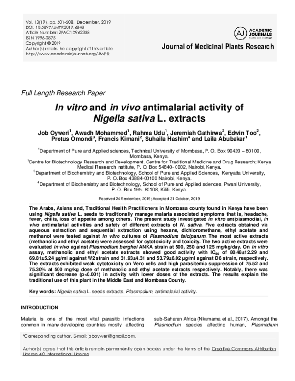 (PDF) In vitro and in vivo antimalarial activity of Nigella sativa L ...