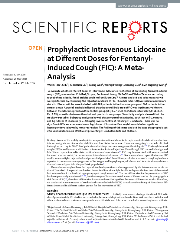 (PDF) Prophylactic Intravenous Lidocaine at Different Doses for ...