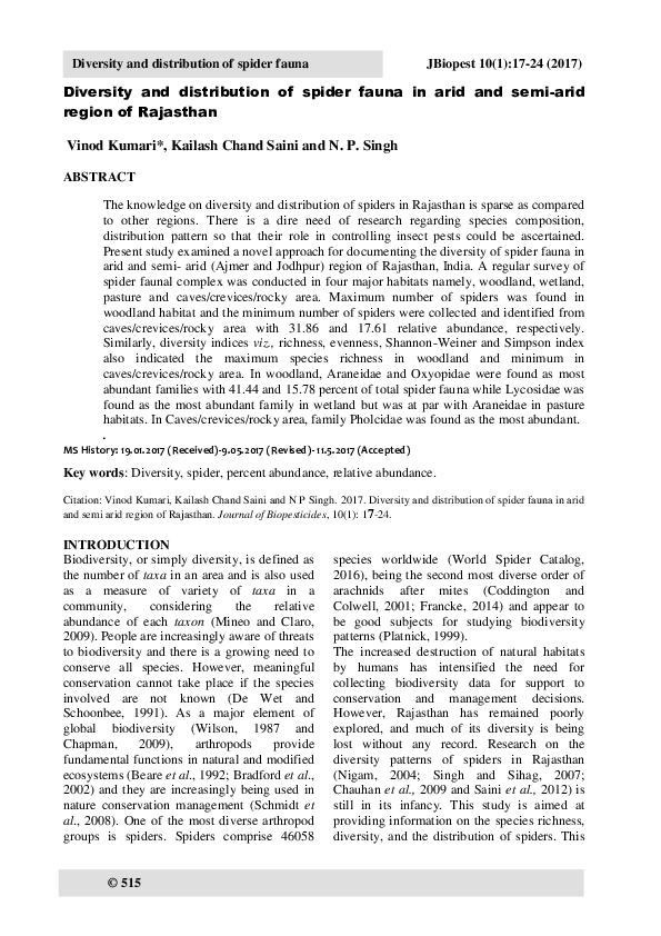 (PDF) Diversity and Distribution of Spider Fauna in Arid and Semi-Arid ...