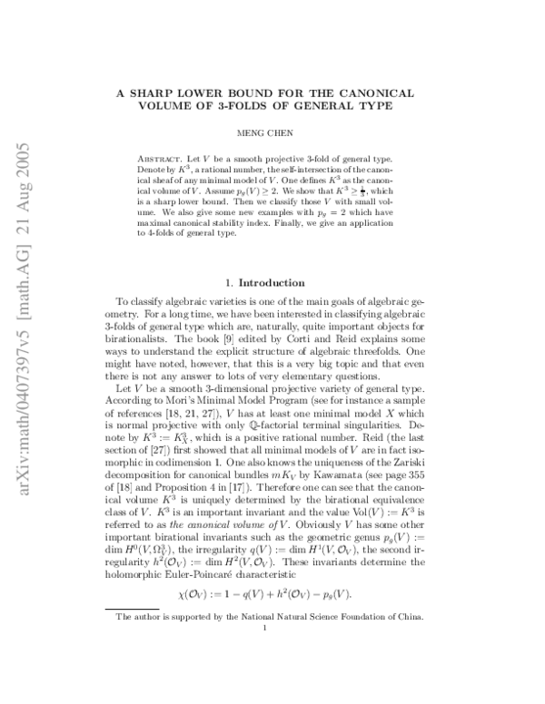 (PDF) A sharp lower bound for the canonical volume of 3-folds of ...