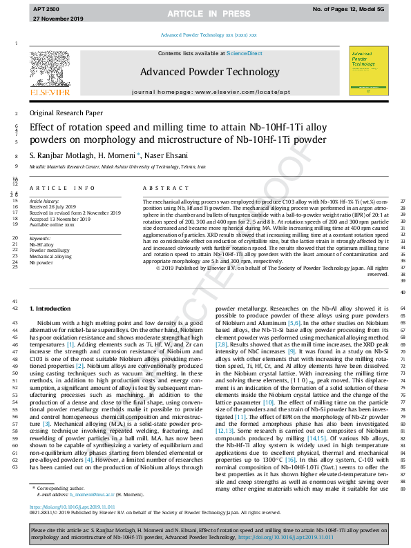 (PDF) Effect of rotation speed and milling time to attain Nb-10Hf-1Ti ...
