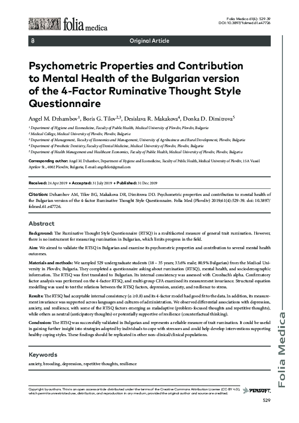 (PDF) Ruminative Thought Style QuestionnaireHindi Version Professor