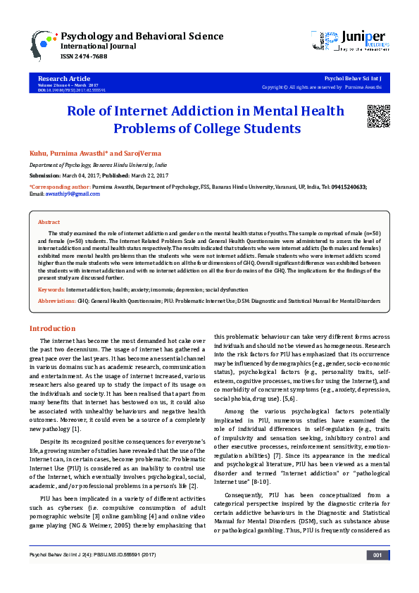 (PDF) Role of Internet Addiction in Mental Health Problems of College ...