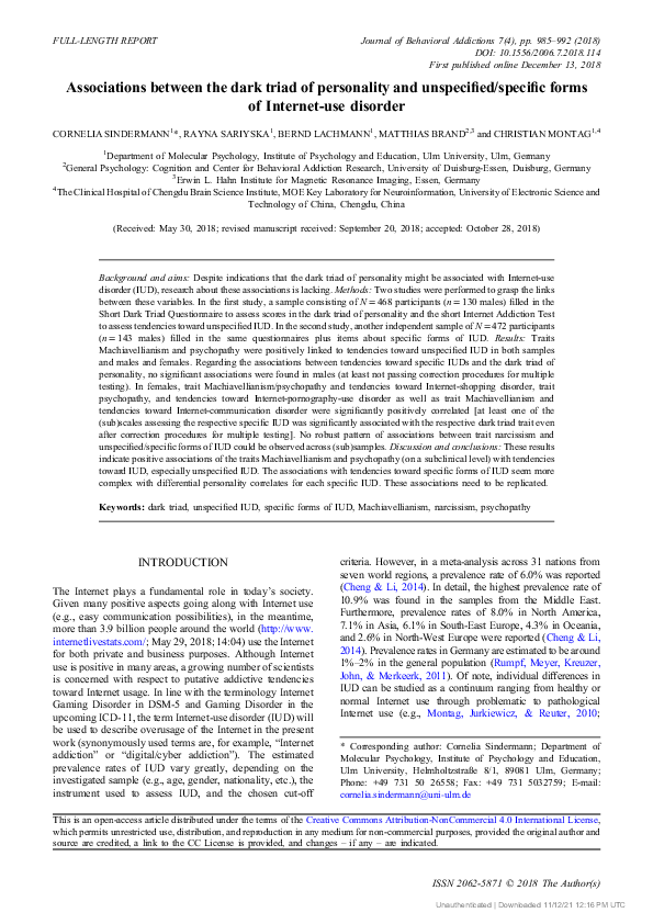 (PDF) Associations between the dark triad of personality and ...